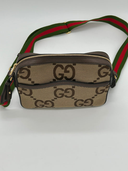 Monogram Jumbo GG Textured Dollar Calfskin Web Messenger Shoulder Bag Camel Ebony New Acero