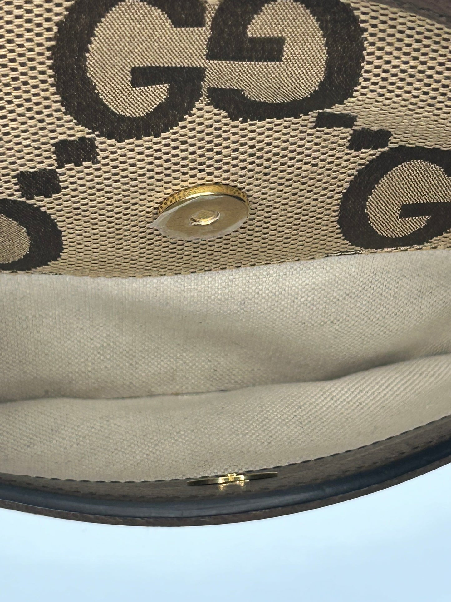 Monogram Jumbo GG Textured Dollar Calfskin Web Messenger Shoulder Bag Camel Ebony New Acero
