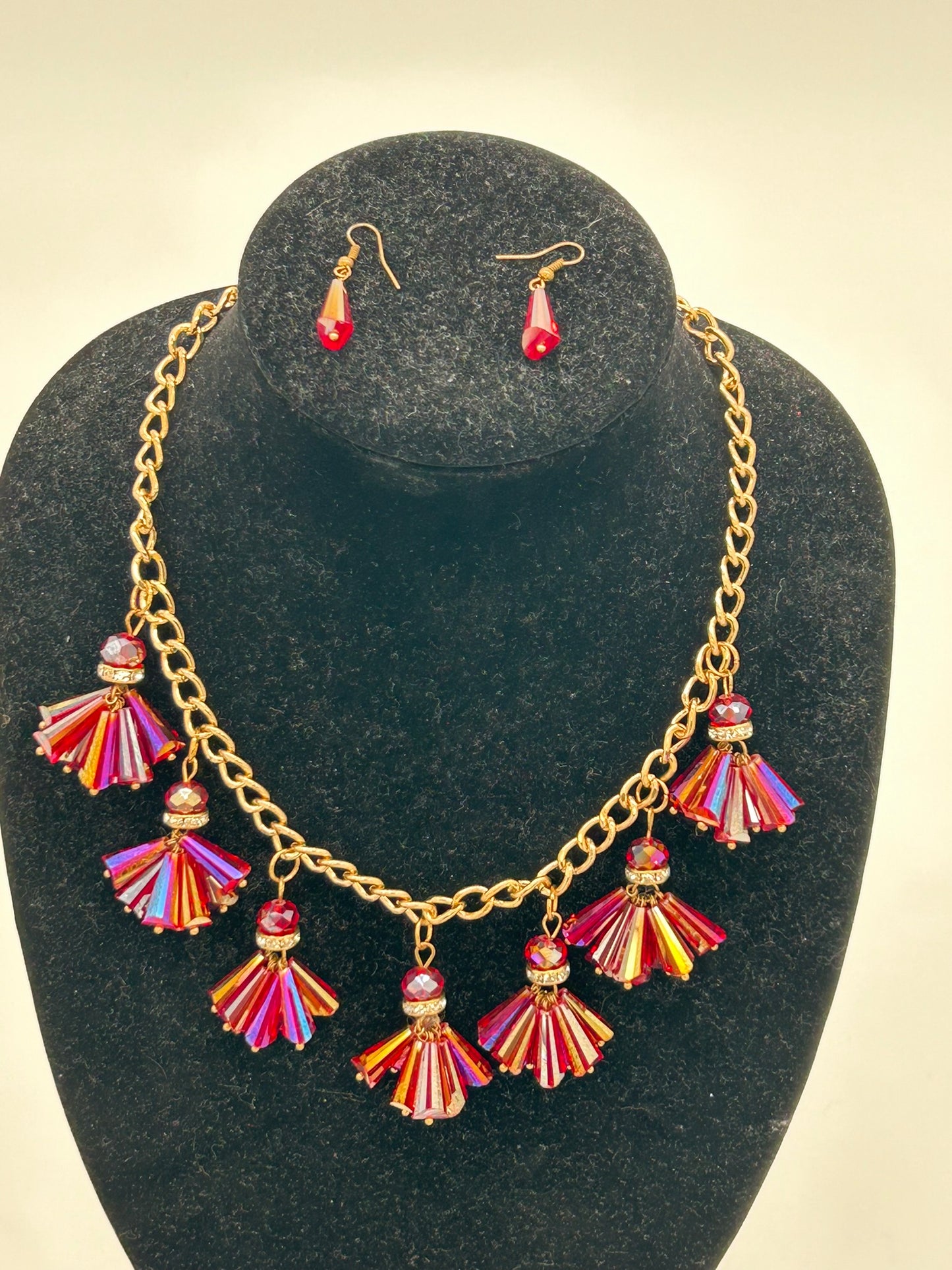 Ruby Red Color Bead & Flower Statement Necklace Set